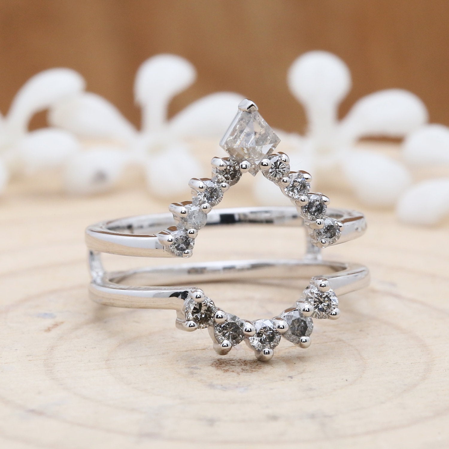 Salt And Pepper Kite Diamond 14K Solid Gold Ring Engagement Wedding Gift Ring KD698