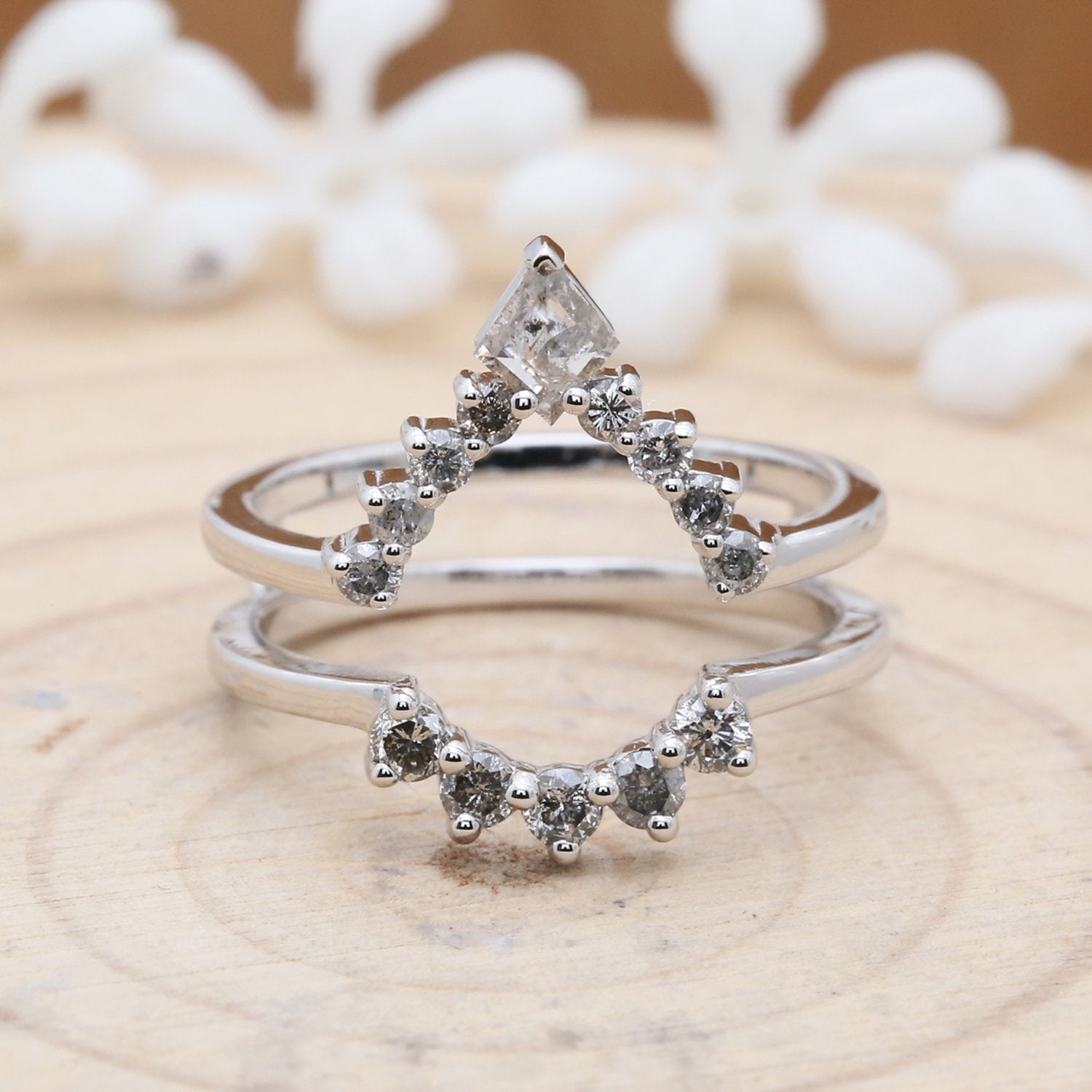 Salt And Pepper Kite Diamond 14K Solid Gold Ring Engagement Wedding Gift Ring KD698