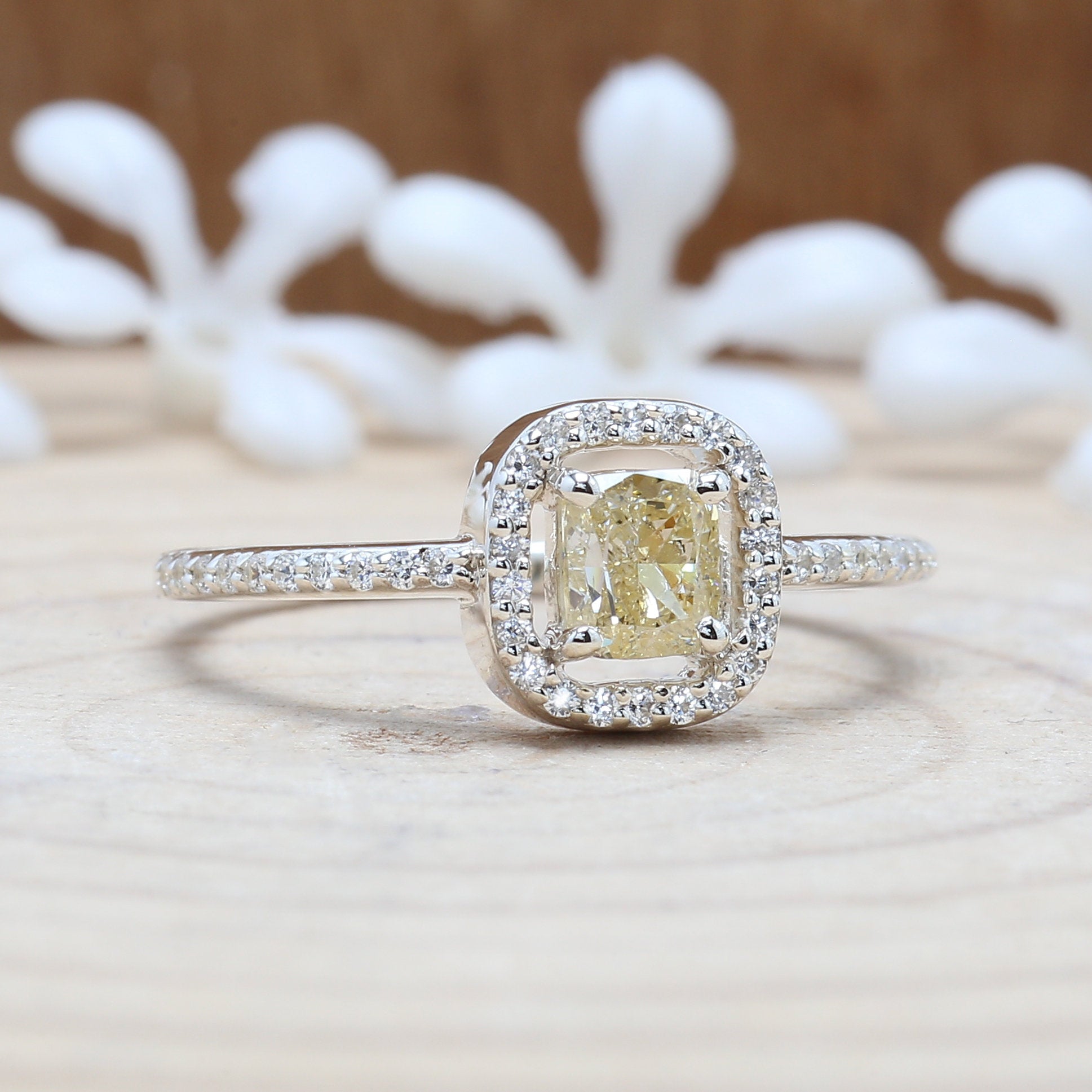 Cushion Yellow Color Diamond Ring 0.62 Ct 4.70 MM Cushion Shape Diamond Ring 14K Solid White Gold Silver Engagement Ring Gift For Her QL3105