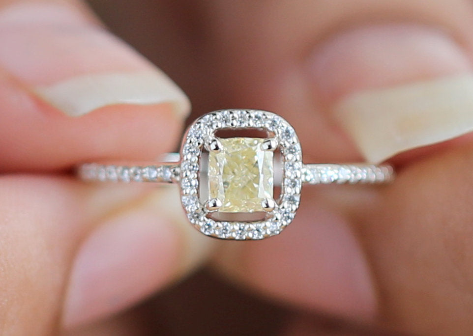 Cushion Yellow Color Diamond Ring 0.62 Ct 4.70 MM Cushion Shape Diamond Ring 14K Solid White Gold Silver Engagement Ring Gift For Her QL3105