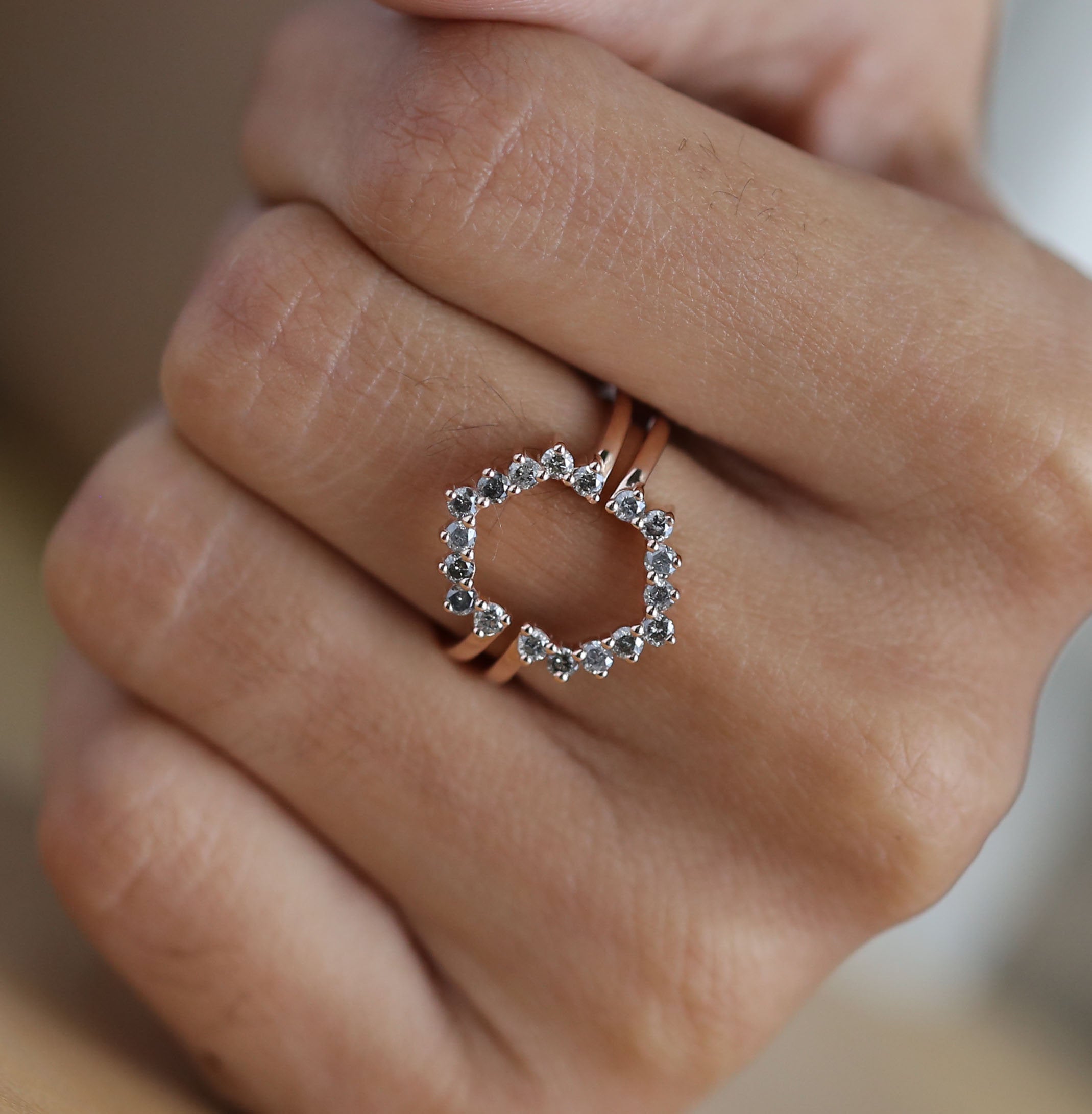 Salt And Pepper Round Diamond 14K Solid Rose White Yellow Gold Ring Engagement Wedding Gift Ring KD702