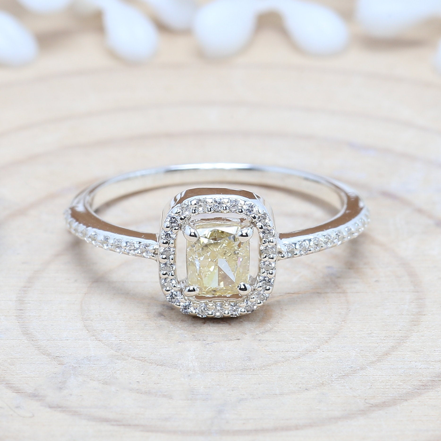 Cushion Yellow Color Diamond Ring 0.62 Ct 4.70 MM Cushion Shape Diamond Ring 14K Solid White Gold Silver Engagement Ring Gift For Her QL3105