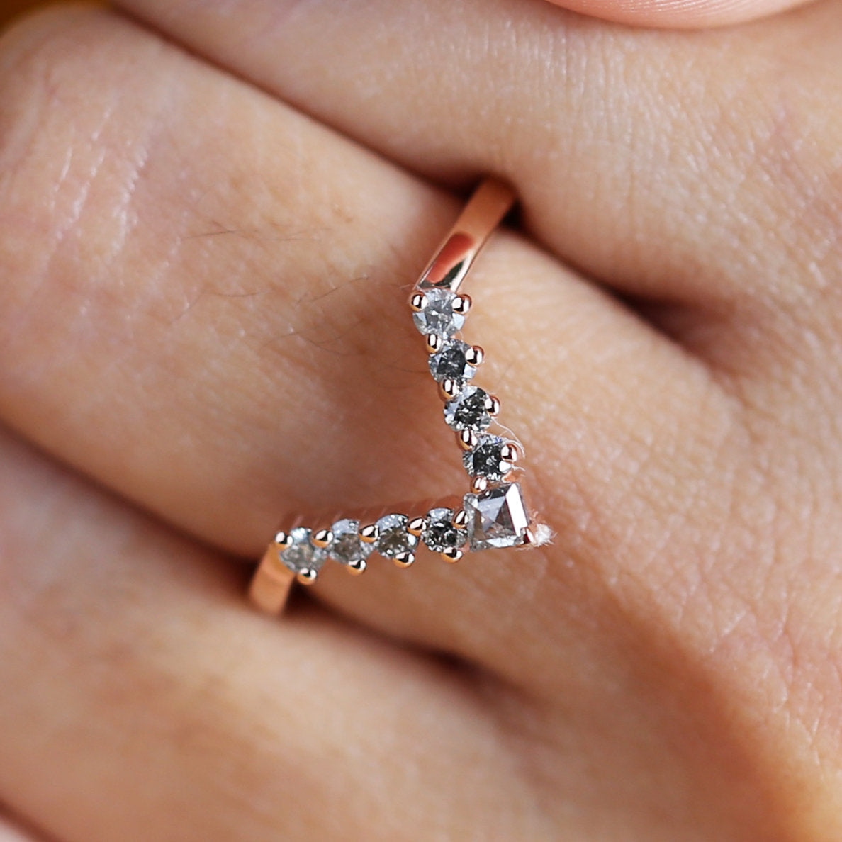 Salt And Pepper Kite Diamond 14K Rose Gold Ring Band Engagement Wedding Gift Band KD839