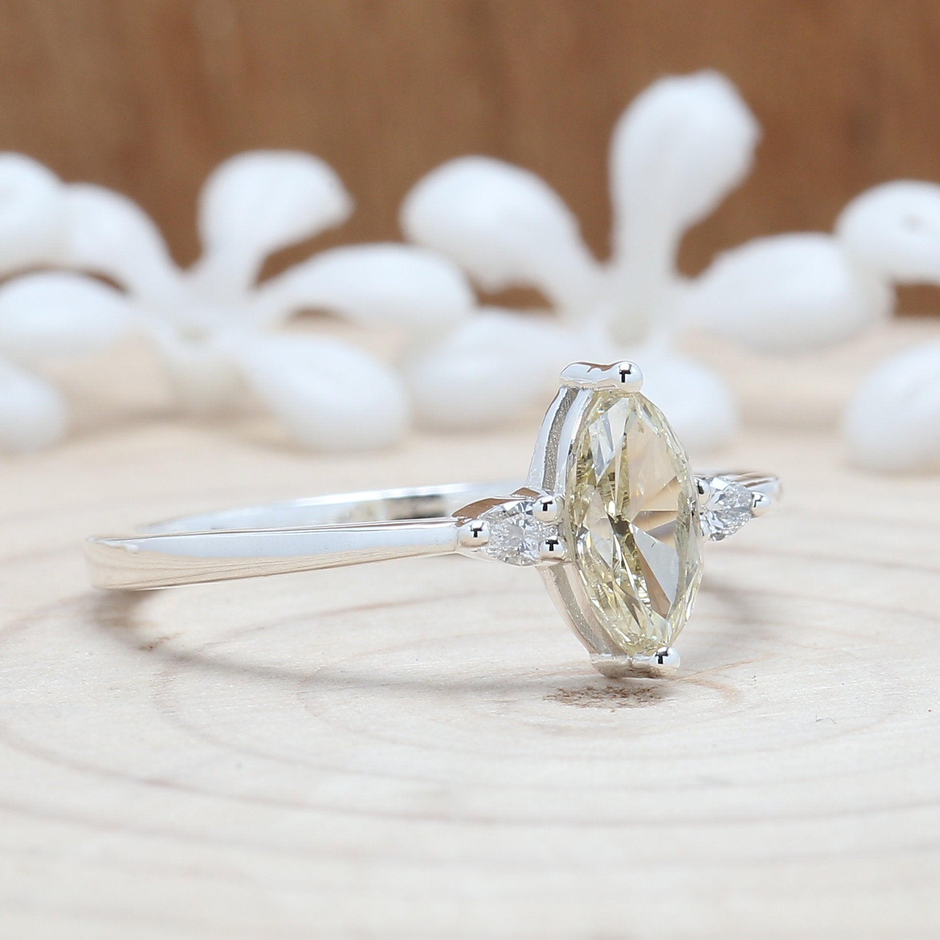 Marquise Yellow Color Diamond Ring 0.74 Ct 8.20 MM Marquise Cut Diamond Ring 14K Solid White Gold Silver Engagement Ring Gift For Her QL3101