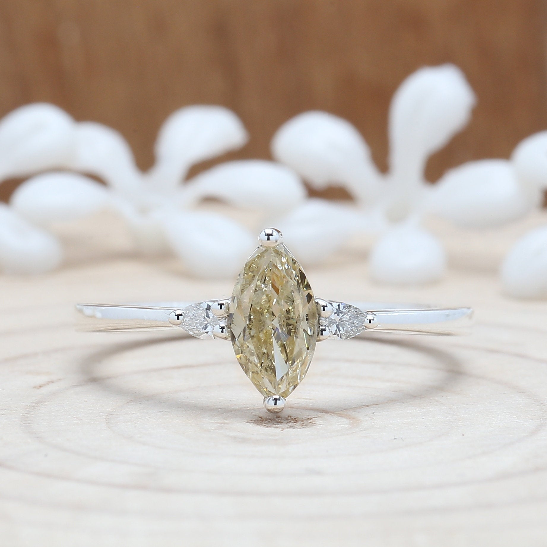 Marquise Yellow Color Diamond Ring 0.74 Ct 8.20 MM Marquise Cut Diamond Ring 14K Solid White Gold Silver Engagement Ring Gift For Her QL3101