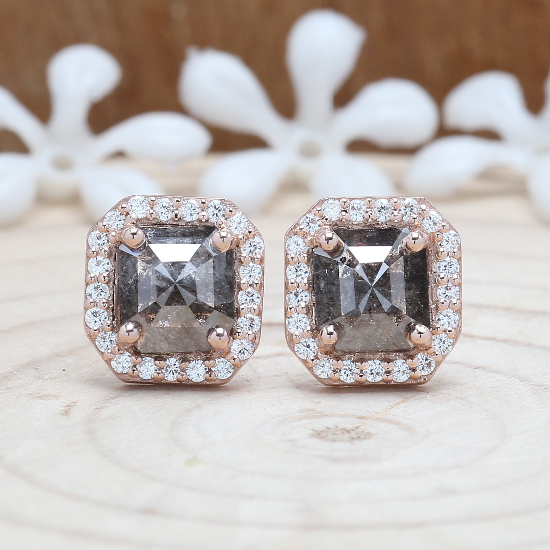 2.07 Ct Salt And Pepper Emerald Shape 14K Solid Rose White Yellow Gold Stud Earring KD860