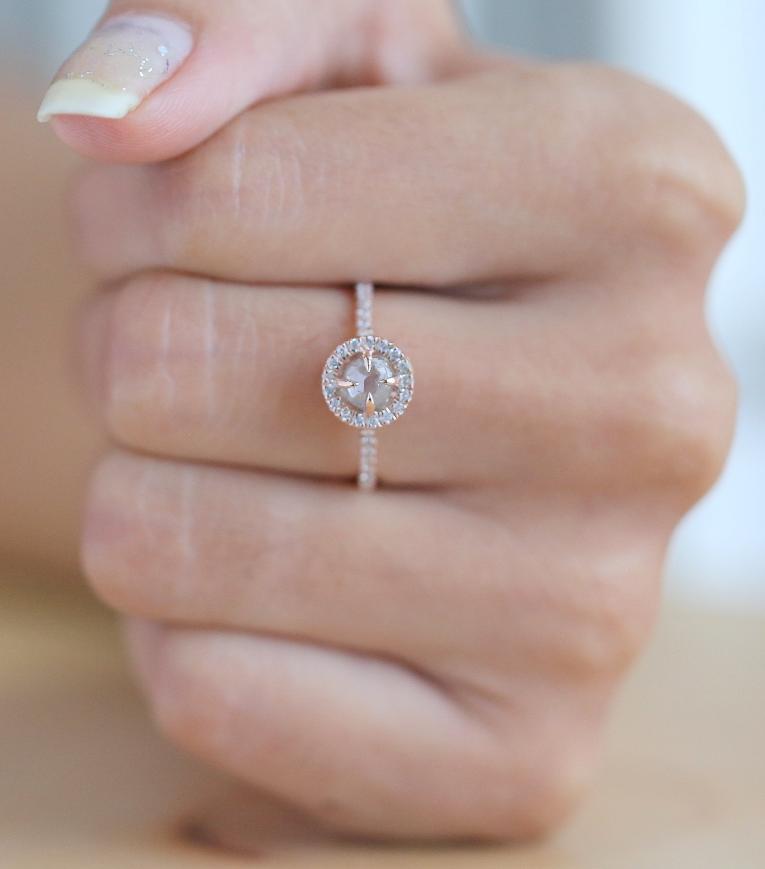 Rough Grey Color Diamond Ring 0.93 Ct 5.10 MM Rough Diamond Ring 14K Solid Rose Gold Silver Engagement Ring Gift For Her QL3114
