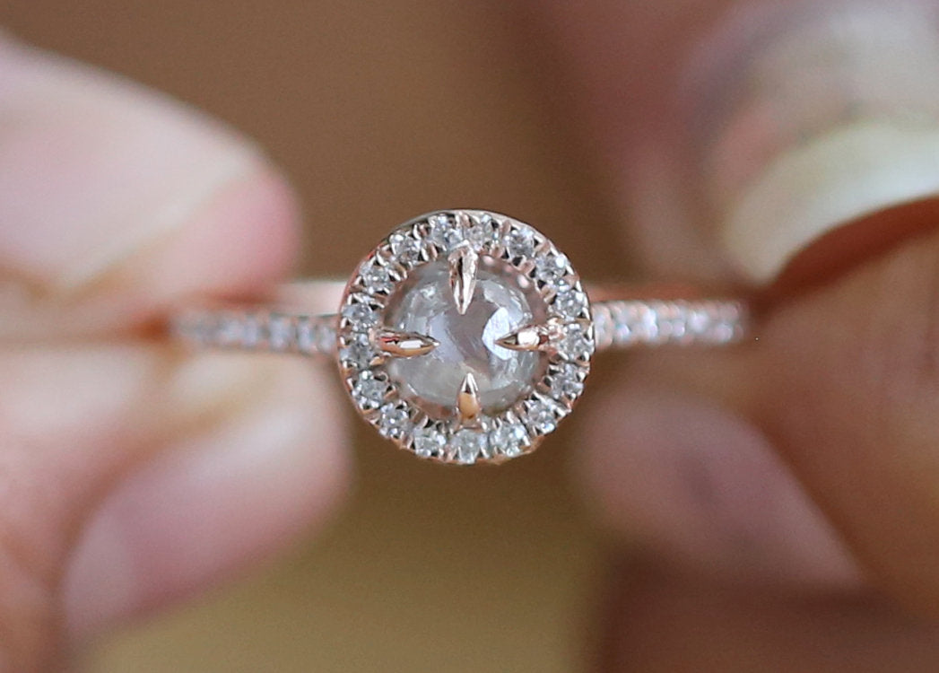 Rough Grey Color Diamond Ring 0.93 Ct 5.10 MM Rough Diamond Ring 14K Solid Rose Gold Silver Engagement Ring Gift For Her QL3114