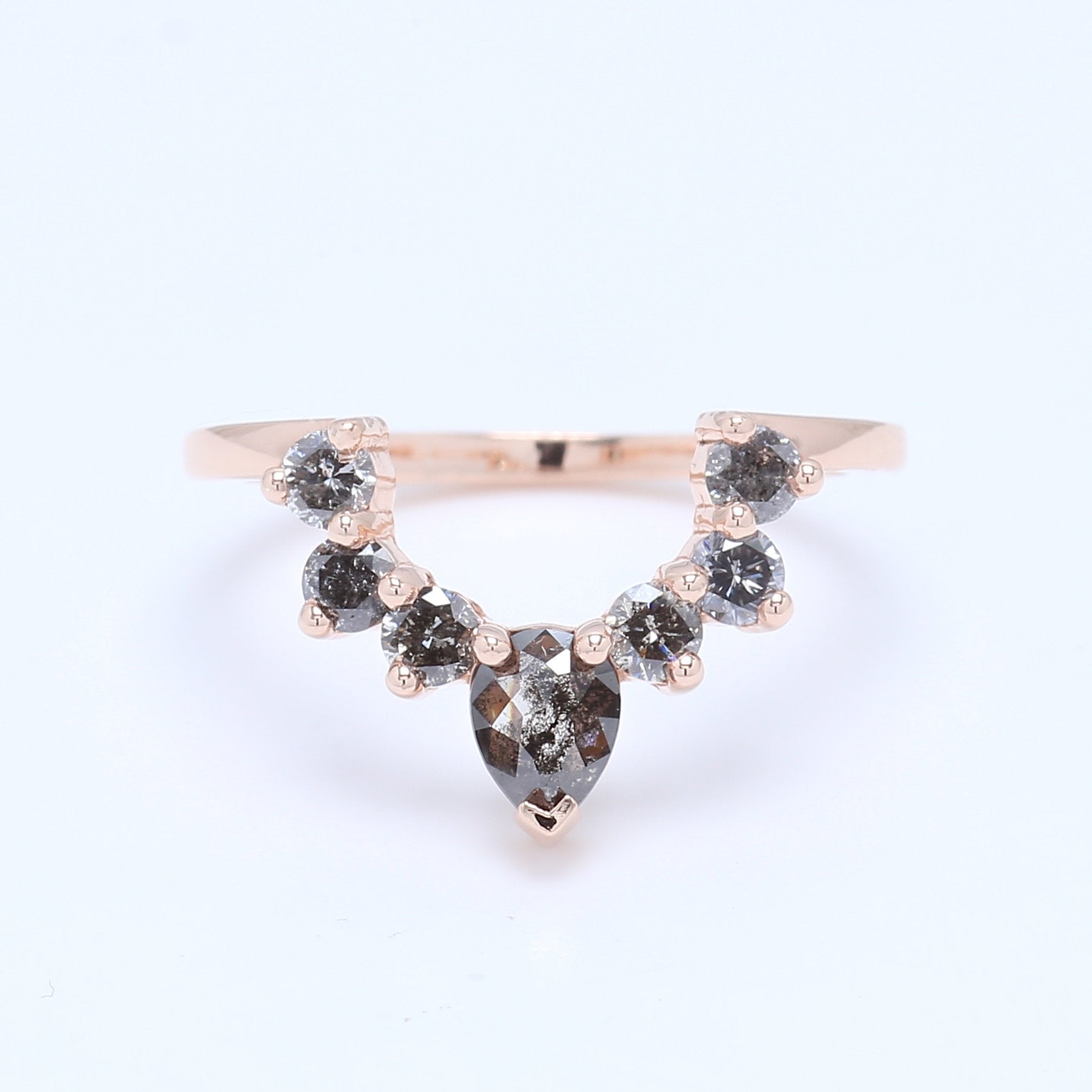 Salt And Pepper Pear Diamond 14K Rose Gold Ring Band Engagement Wedding Gift Band KD351
