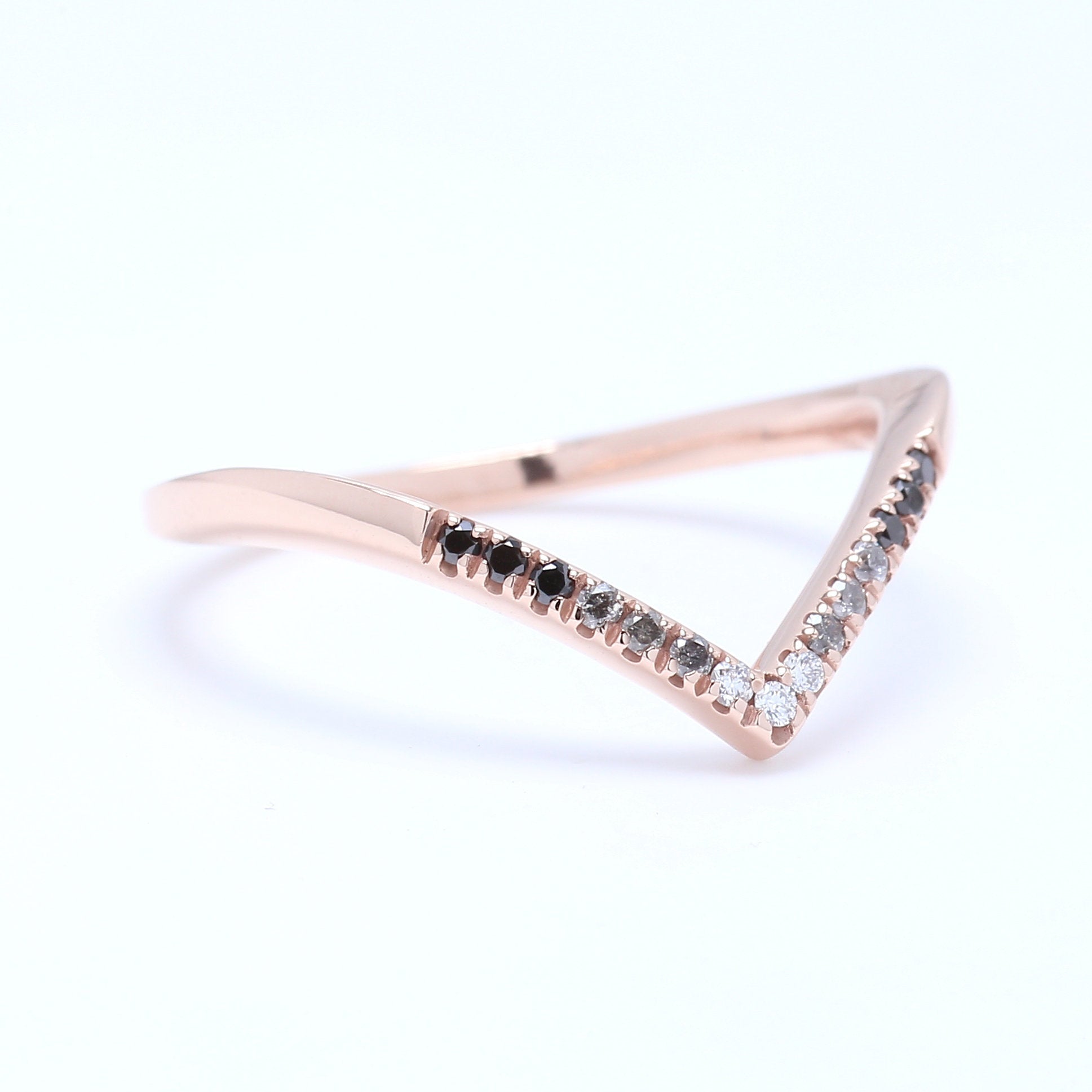 14K Rose Gold Band Black White Salt And Pepper Round Diamond Ring Engagement Wedding Gift Band Ring KD865