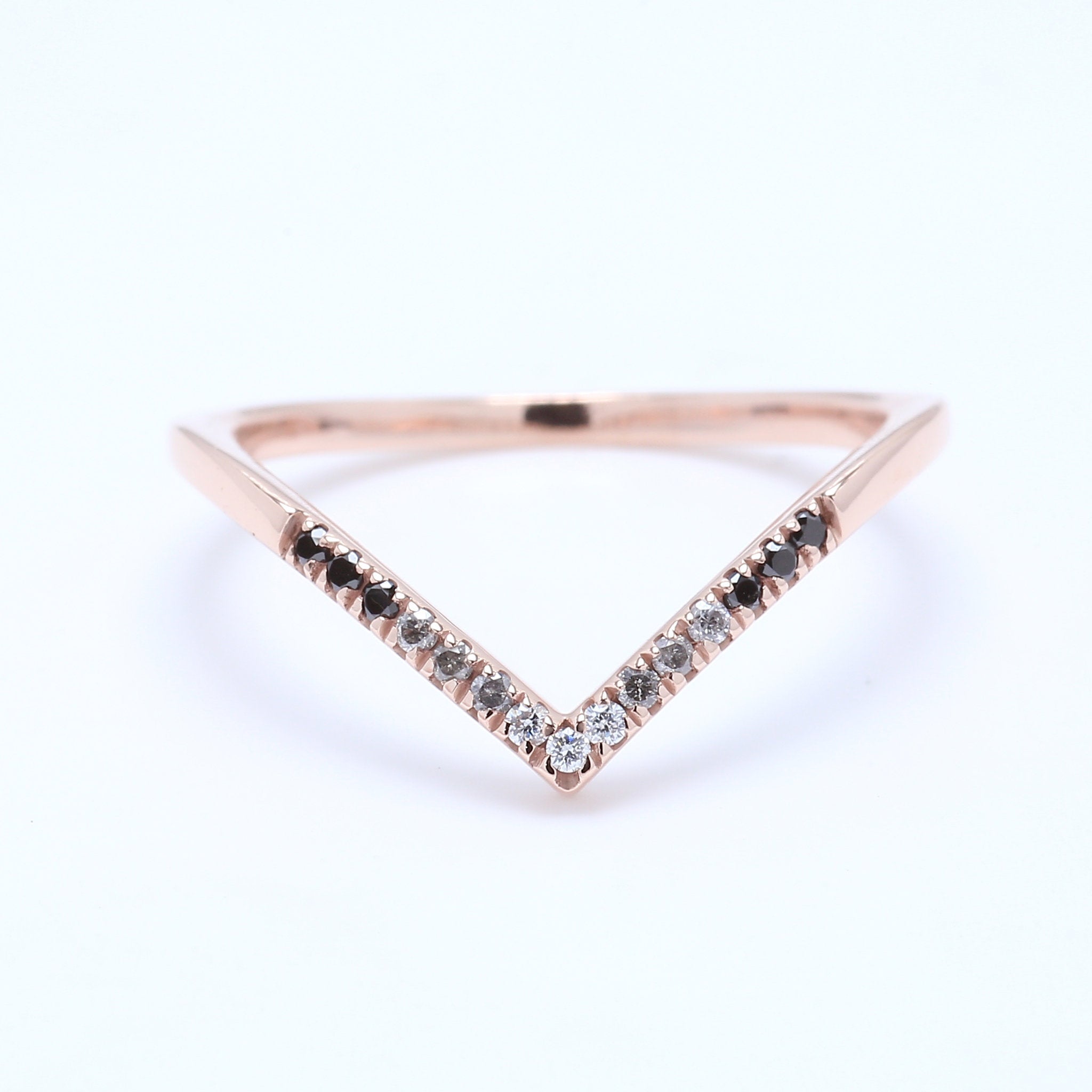 14K Rose Gold Band Black White Salt And Pepper Round Diamond Ring Engagement Wedding Gift Band Ring KD865