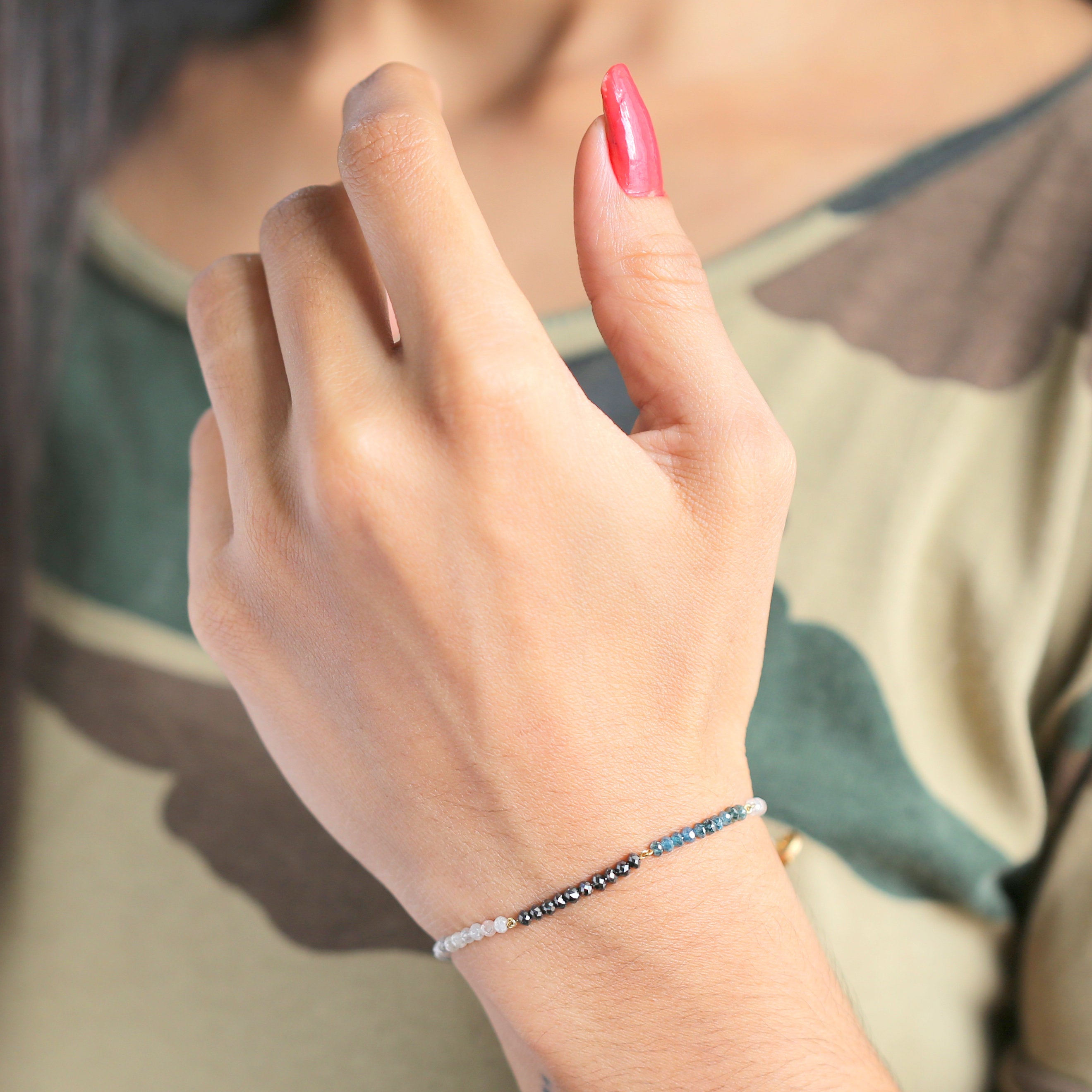 10 CT Round White Black Blue Color Bead Diamond Bracelet With 14 K Solid Rose White Yellow Gold String lock  Engagement Wedding Gift KD870