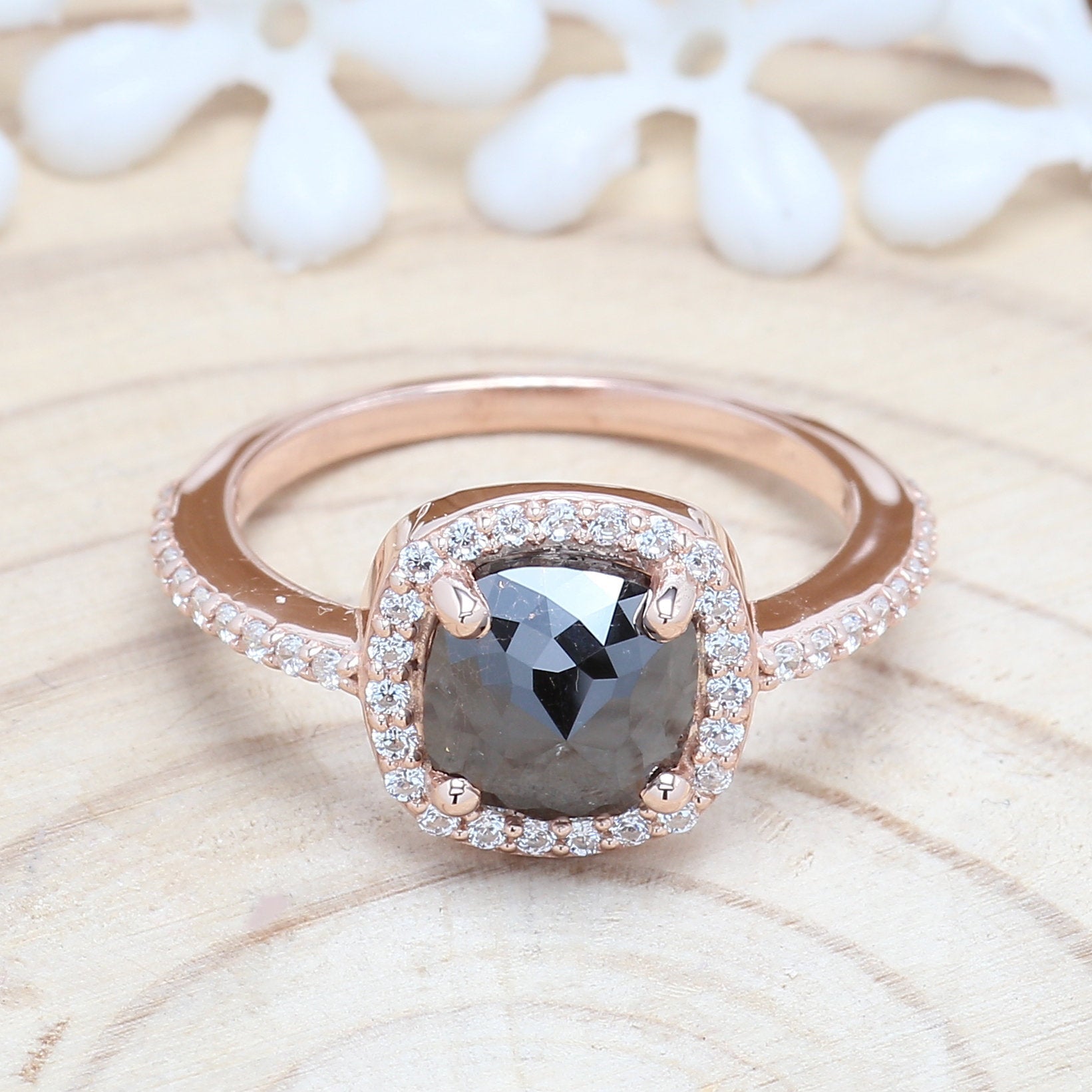 Cushion Cut Black Color Diamond Ring 1.78 Ct 7.70 MM Cushion Diamond Ring 14K Solid Rose Gold Silver Engagement Ring Gift For Her QL3112