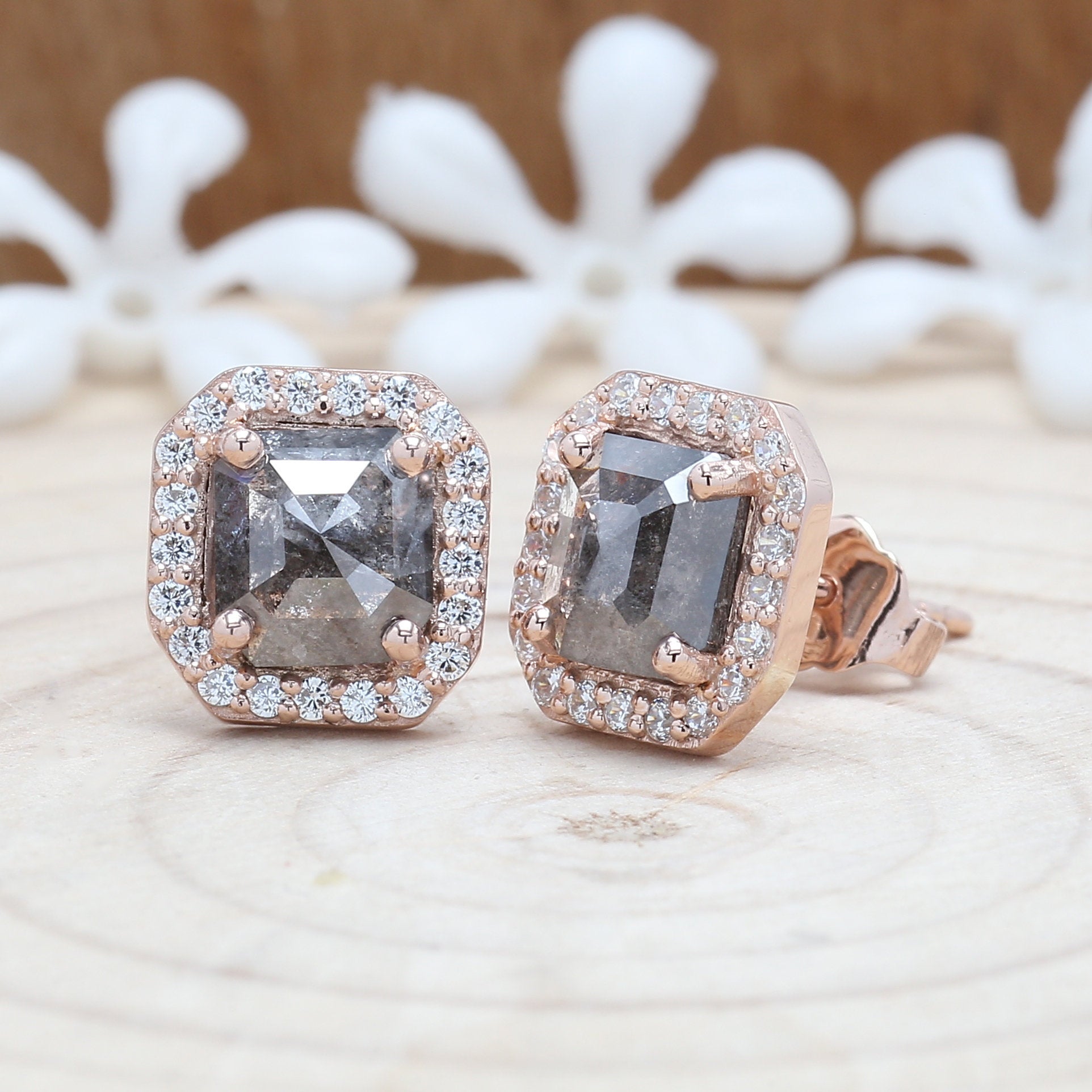 2.07 Ct Salt And Pepper Emerald Shape 14K Solid Rose White Yellow Gold Stud Earring KD860