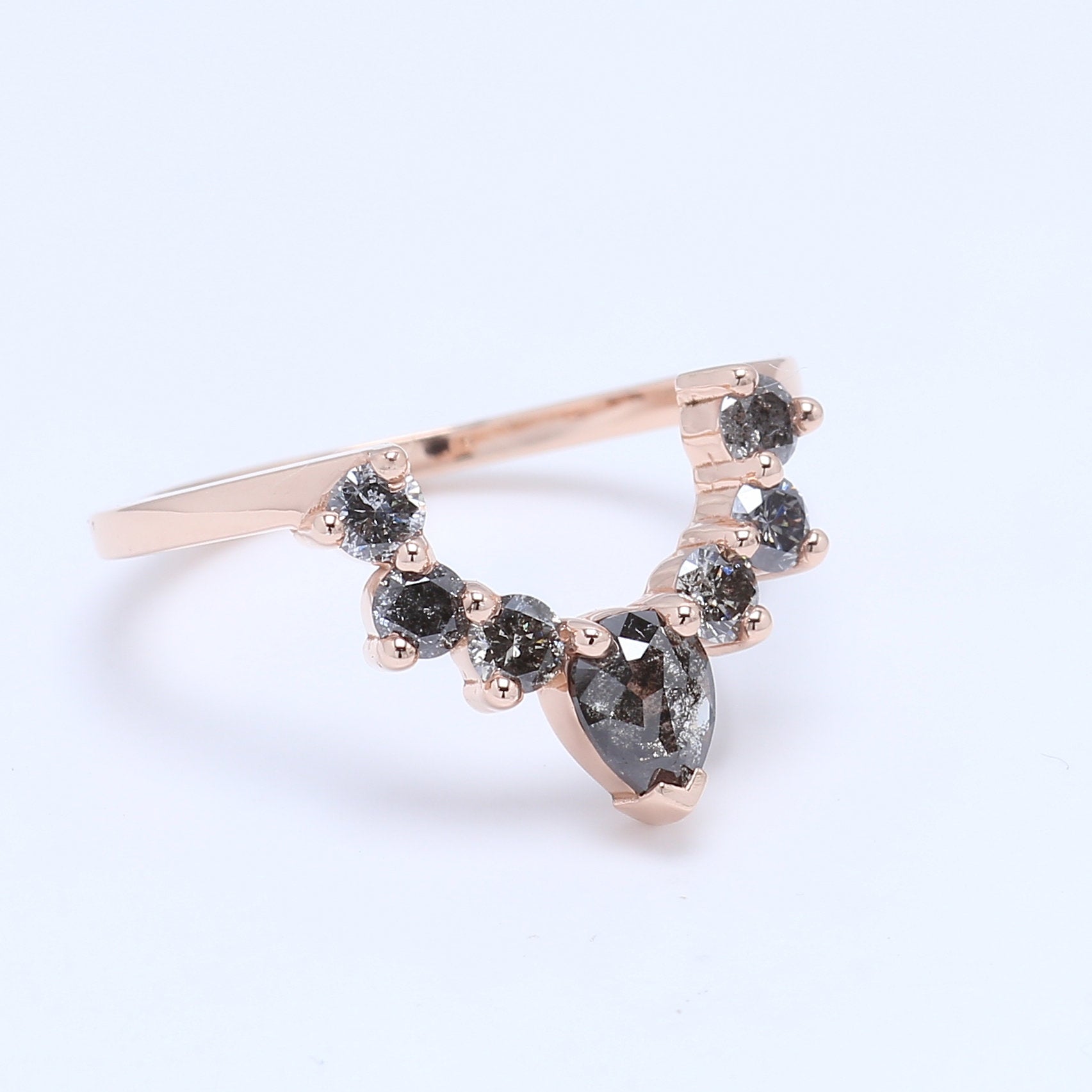 Salt And Pepper Pear Diamond 14K Rose Gold Ring Band Engagement Wedding Gift Band KD351