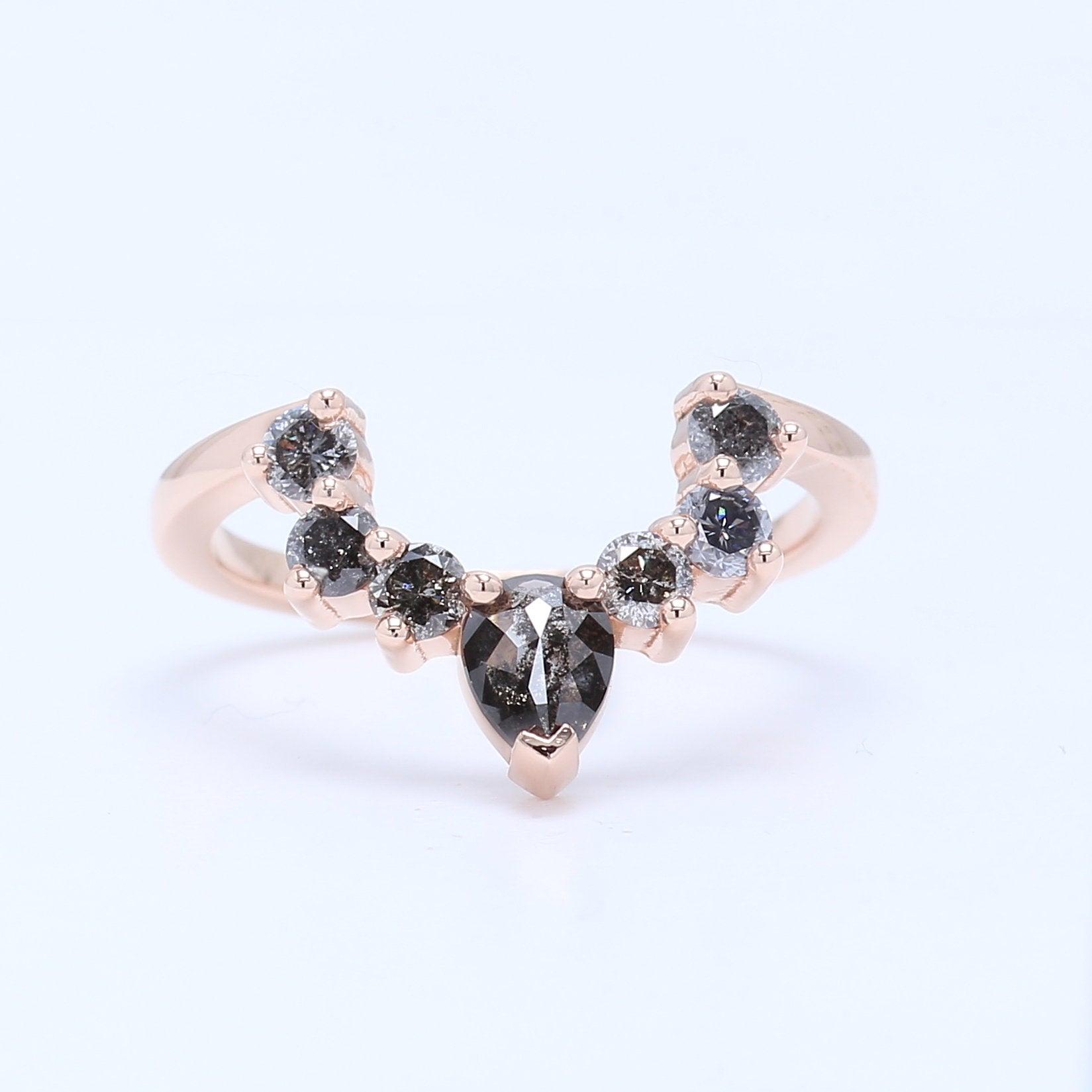 Salt And Pepper Pear Diamond 14K Rose Gold Ring Band Engagement Wedding Gift Band KD351