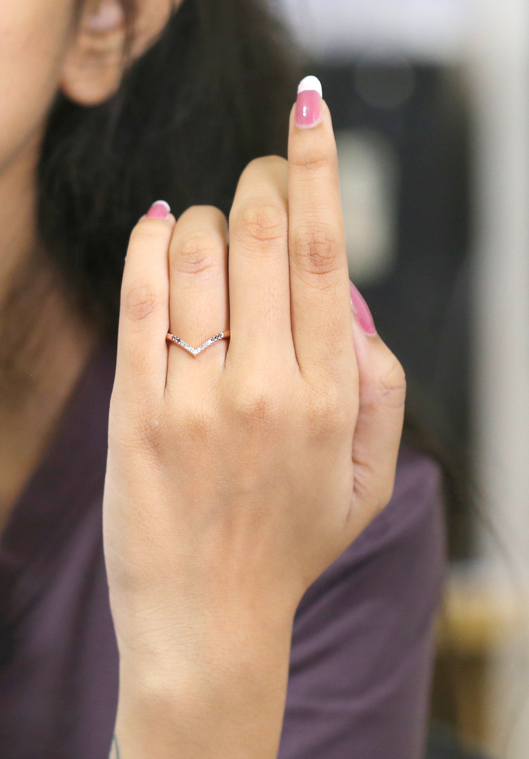 14K Rose Gold Band Black White Salt And Pepper Round Diamond Ring Engagement Wedding Gift Band Ring KD865