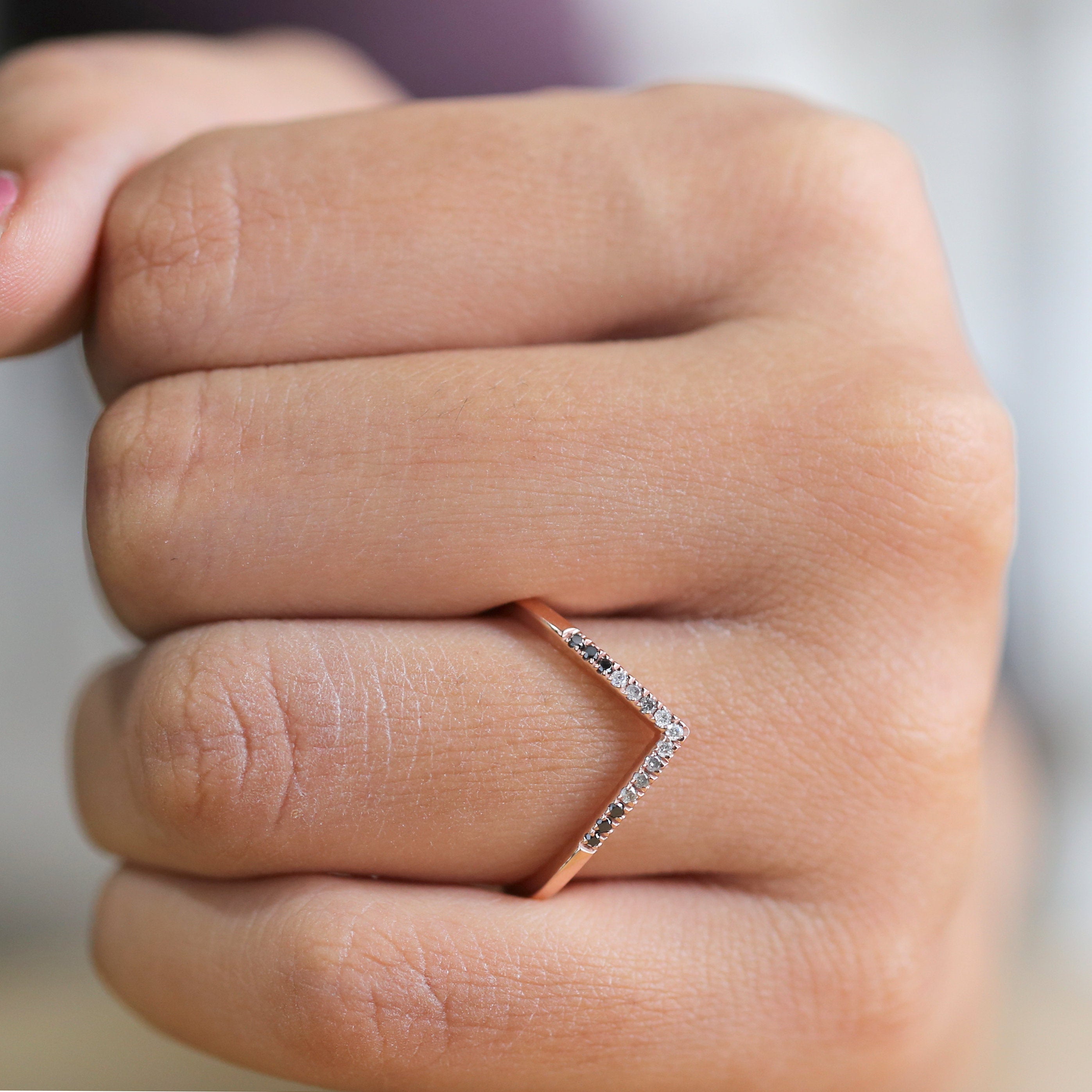 14K Rose Gold Band Black White Salt And Pepper Round Diamond Ring Engagement Wedding Gift Band Ring KD865