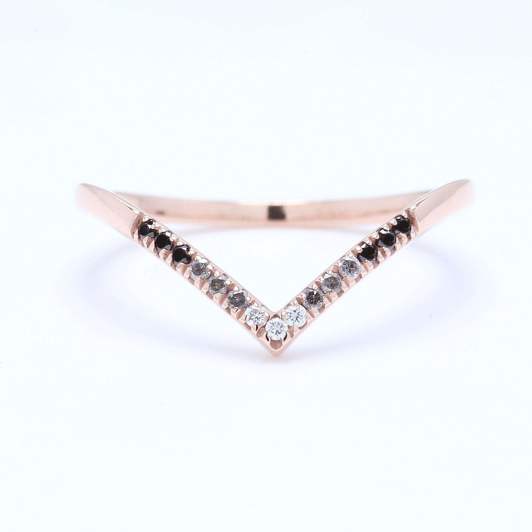 14K Rose Gold Band Black White Salt And Pepper Round Diamond Ring Engagement Wedding Gift Band Ring KD865