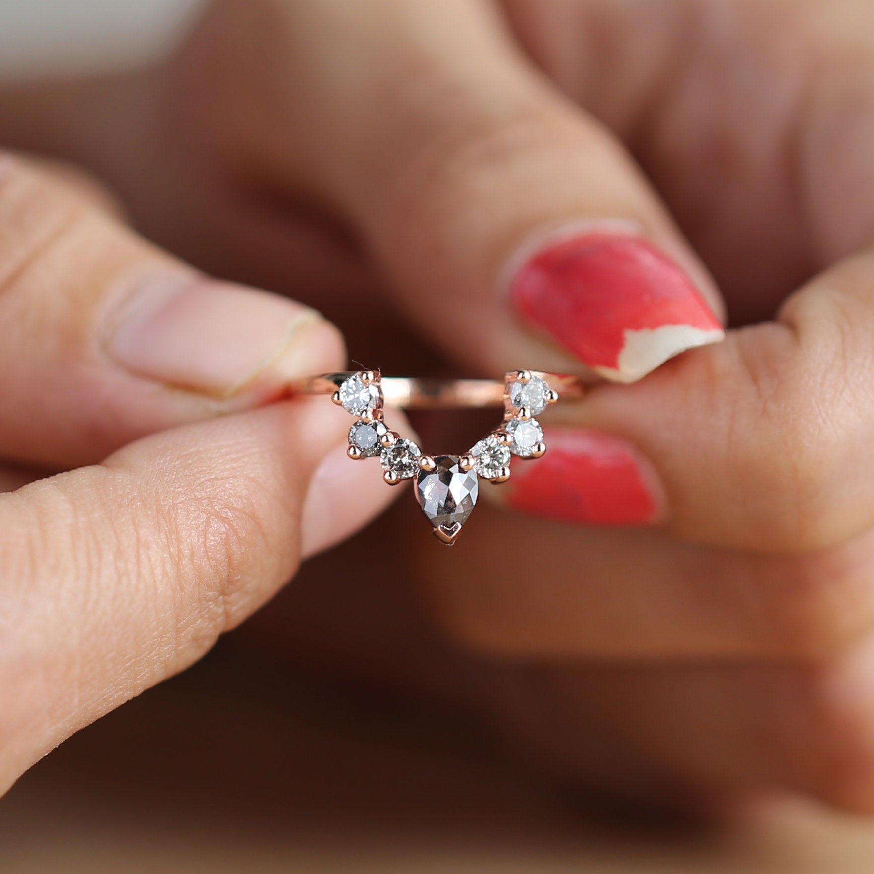 Salt And Pepper Pear Diamond 14K Rose Gold Ring Band Engagement Wedding Gift Band KD351