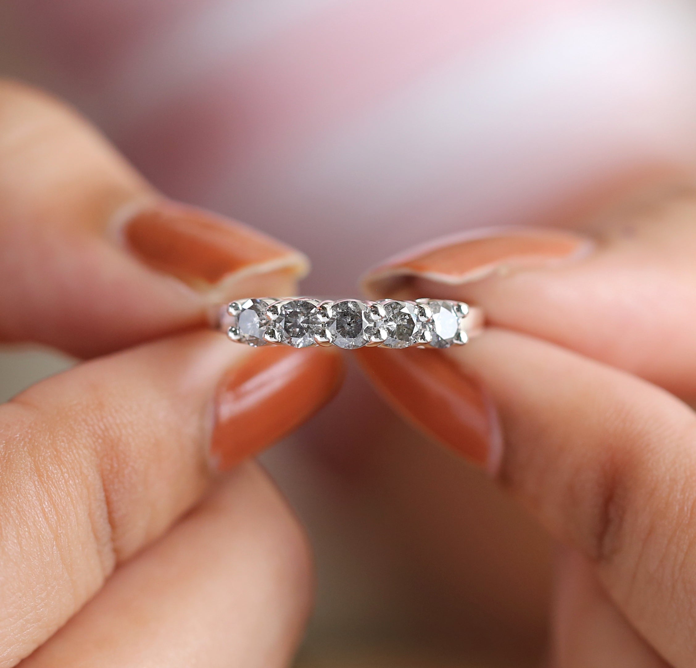 0.76 CT Salt And Pepper Band, Round Brilliant Cut Diamond Band, Engagement Band, 14K White Gold Band, Wedding Band, Gift For Her KD928