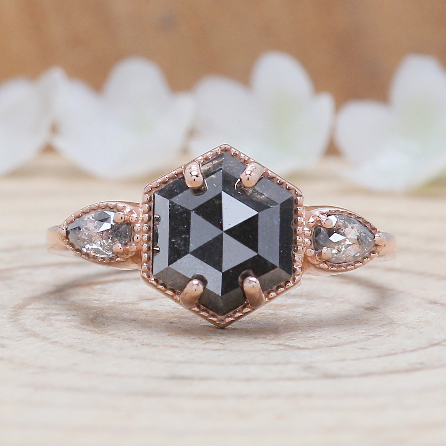 2.45 Ct Natural Hexagon Salt And Pepper Diamond Ring 9.25 MM Hexagon Shape Diamond Ring 14K Solid Rose Gold Silver Engagement Ring QL1092